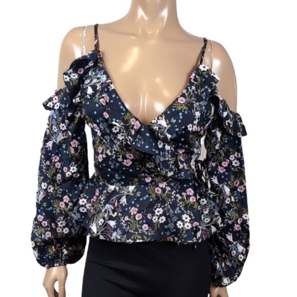 Design Lab Floral Cold Shoulder Wrap Top Long Sleeve Ruffle Lord & Taylor Cami - Picture 1 of 14